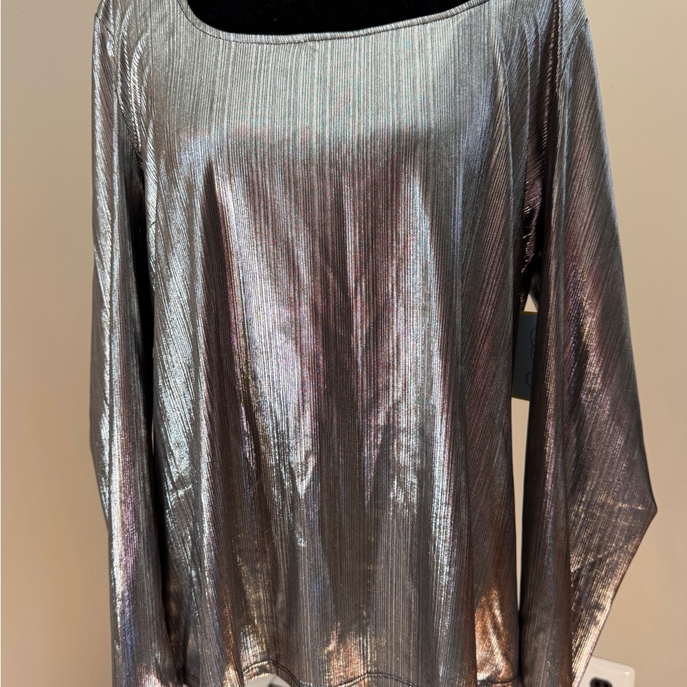 NWT CECE GUNMETAL Silver LIKE Shimmering Women's long sleeve Top Sz L Large NEW